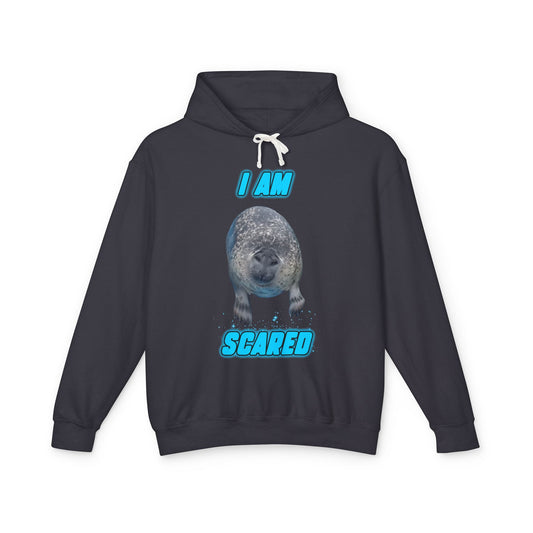 Cute Seal Funny Unisex Lightweight Hooded Sweatshirt – "I AM SCARED" Seal Design